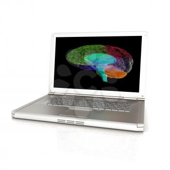 creative three-dimensional model of  human brain scan on a digital laptop. 3d render