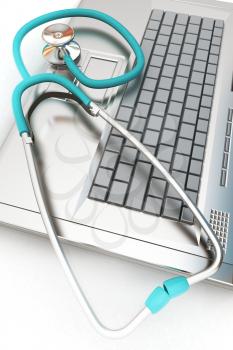 silver laptop diagnosis with stethoscope. 3D illustration