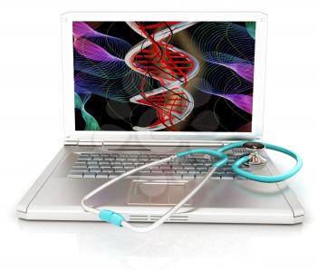 silver laptop diagnosis with stethoscope. 3D illustration