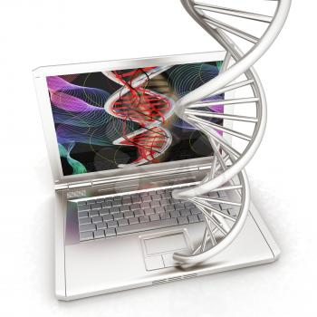 Laptop with dna medical model background on laptop screen. 3d illustration