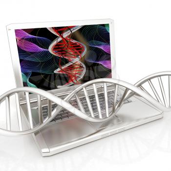 Laptop with dna medical model background on laptop screen. 3d illustration