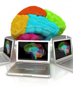 Computers connected to central brain. 3d render