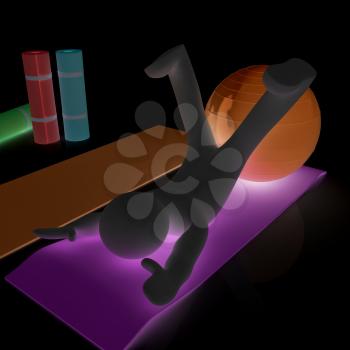 3d man on a karemat with fitness ball. 3D illustration