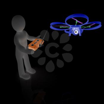 3d man with drone, quadrocopter, with photo camera. 3d render. 3D render