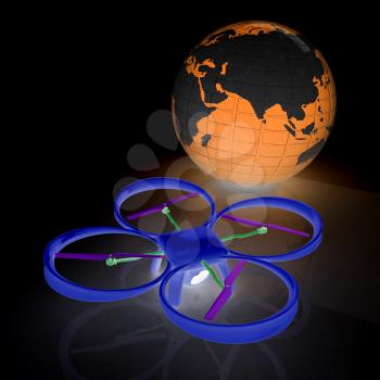 Quadrocopter Drone with Earth Globe and remote controller on a white background. 3d illustration
