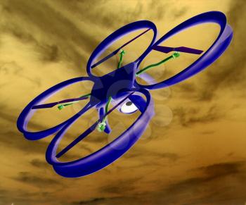 Drone, quadrocopter, with photo camera against the sky. 3D illustration