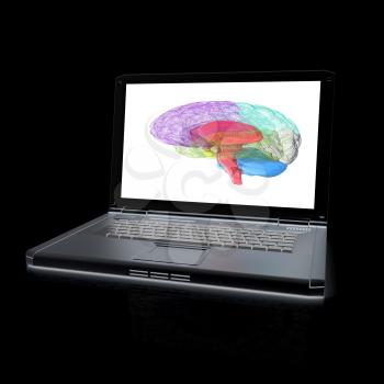 creative three-dimensional model of  human brain scan on a digital laptop. 3d render