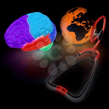 stethoscope, globe, brain - global medical concept. 3d illustration