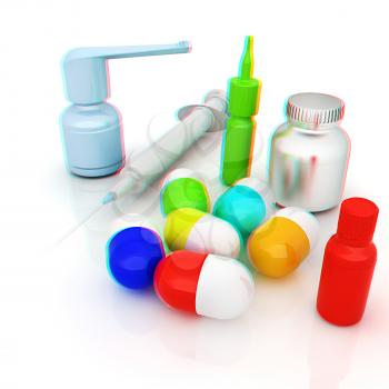 Syringe, tablet, pill jar. 3D illustration. Anaglyph. View with red/cyan glasses to see in 3D.