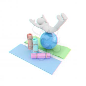3d man on a karemat with fitness ball. 3D illustration. Anaglyph. View with red/cyan glasses to see in 3D.