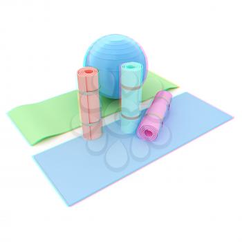 karemat and fitness ball. 3D illustration. Anaglyph. View with red/cyan glasses to see in 3D.