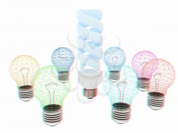 energy-saving lamps. 3D illustration. Anaglyph. View with red/cyan glasses to see in 3D.
