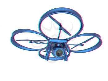 Drone, quadrocopter, with photo camera flying. 3d render. Anaglyph. View with red/cyan glasses to see in 3D.