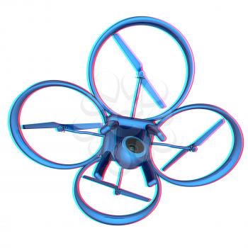 Drone, quadrocopter, with photo camera flying. 3d render. Anaglyph. View with red/cyan glasses to see in 3D.