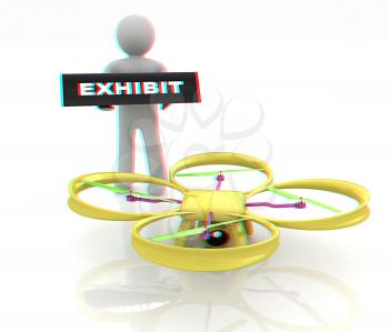 Drone, quadrocopter, with photo camera at the technical exhibition. 3d render. Anaglyph. View with red/cyan glasses to see in 3D.
