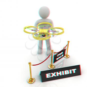 Drone, quadrocopter, with photo camera at the technical exhibition. 3d render. Anaglyph. View with red/cyan glasses to see in 3D.