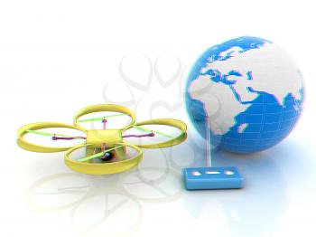 Quadrocopter Drone with Earth Globe and remote controller on a white background. 3d illustration. Anaglyph. View with red/cyan glasses to see in 3D.