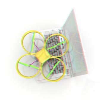Drone and laptop. 3D render. Anaglyph. View with red/cyan glasses to see in 3D.