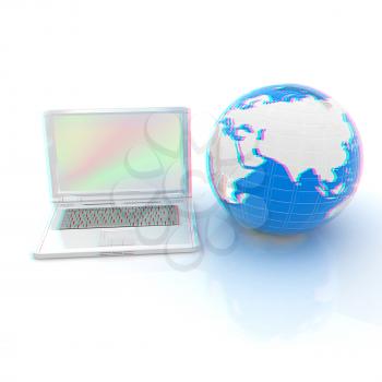 Laptop and Earth. 3d illustration. Anaglyph. View with red/cyan glasses to see in 3D.
