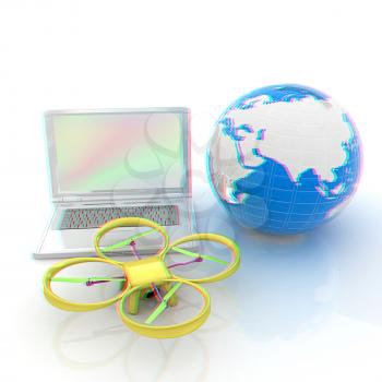 Drone or quadrocopter with camera with laptop. Network, online, buy, internet shopping, smart home. 3d render. Anaglyph. View with red/cyan glasses to see in 3D.