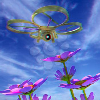 Drone, quadrocopter, with photo camera against the sky and Beautiful Cosmos Flower. 3D illustration. Anaglyph. View with red/cyan glasses to see in 3D.