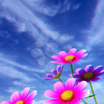 Beautiful Cosmos Flower against the sky. 3D illustration.. Anaglyph. View with red/cyan glasses to see in 3D.