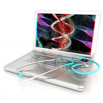 silver laptop diagnosis with stethoscope. 3D illustration. Anaglyph. View with red/cyan glasses to see in 3D.