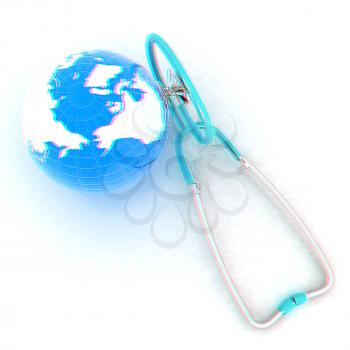 Stethoscope and Earth.3d illustration. Anaglyph. View with red/cyan glasses to see in 3D.