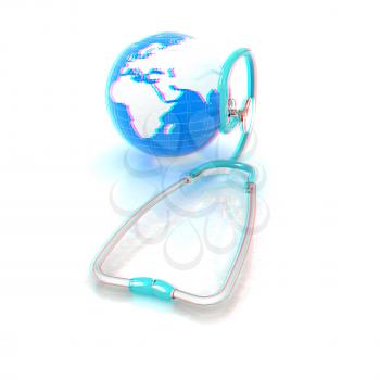 Stethoscope and Earth.3d illustration. Anaglyph. View with red/cyan glasses to see in 3D.