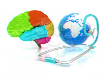 stethoscope, globe, brain - global medical concept. 3d illustration. Anaglyph. View with red/cyan glasses to see in 3D.