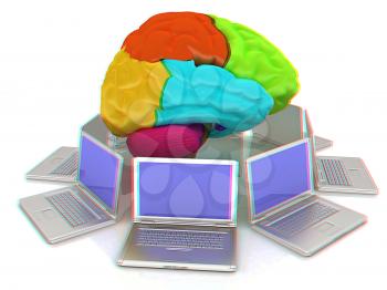 Computers connected to central brain. 3d render. Anaglyph. View with red/cyan glasses to see in 3D.