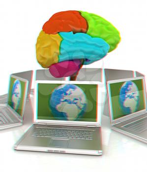 Global computer brain connected to the network. 3d render. Anaglyph. View with red/cyan glasses to see in 3D.