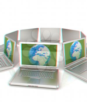 internet, global network, computers around globe. 3d render. Anaglyph. View with red/cyan glasses to see in 3D.
