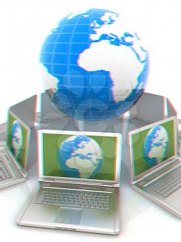 internet, global network, computers around globe. 3d render. Anaglyph. View with red/cyan glasses to see in 3D.