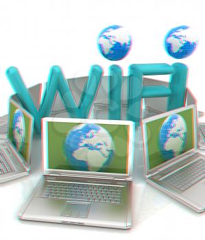 Global concept of  WiFi connectivity between laptops. 3d render. Anaglyph. View with red/cyan glasses to see in 3D.