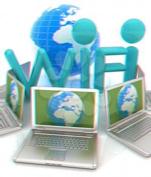 Global concept of  WiFi connectivity between laptops. 3d render. Anaglyph. View with red/cyan glasses to see in 3D.