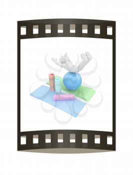 3d man on a karemat with fitness ball. 3D illustration. The film strip