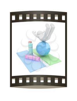 3d man on a karemat with fitness ball. 3D illustration. The film strip