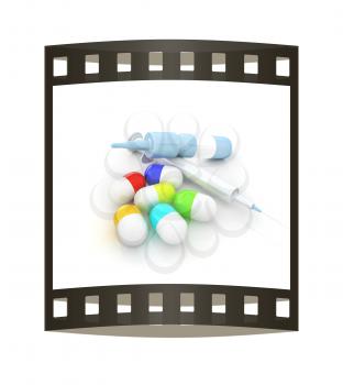 Syringe, tablet, pill jar. 3D illustration. The film strip