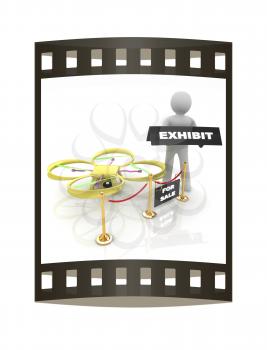 Drone, quadrocopter, with photo camera at the technical exhibition. 3d render. The film strip