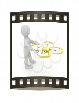 3d man with drone, quadrocopter, with photo camera. 3d render. 3D render. The film strip