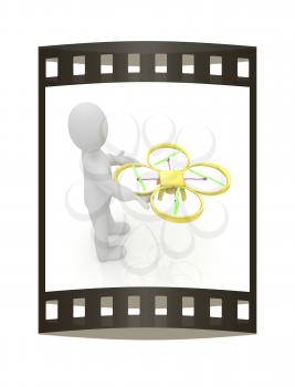 3d man with drone, quadrocopter, with photo camera. 3d render. 3D render. The film strip