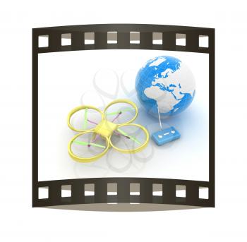 Quadrocopter Drone with Earth Globe and remote controller on a white background. 3d illustration. The film strip