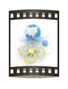 Quadrocopter Drone with Earth Globe and remote controller on a white background. 3d illustration. The film strip