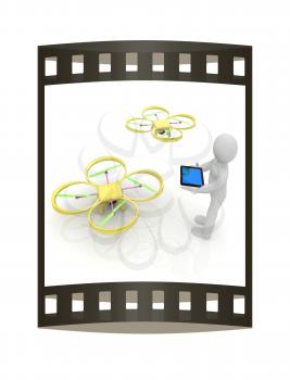 3d white people. Man flying a white drone with camera. 3D render. The film strip