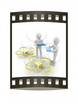 3d white people. Man flying a white drone with camera. 3D render. The film strip