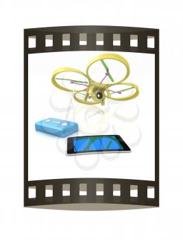 Drone, remote controller and tablet PC. The film strip