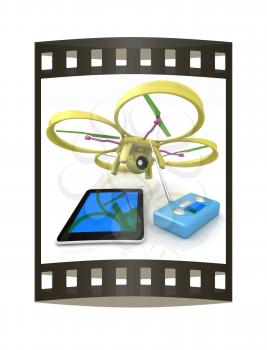 Drone, remote controller and tablet PC. The film strip