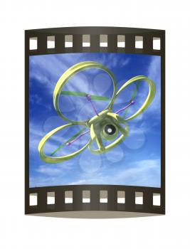 Drone, quadrocopter, with photo camera against the sky. 3D illustration. The film strip