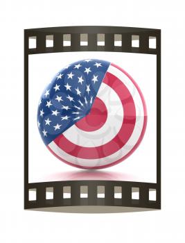 sphere instead letter O textured by USA flag. 3d render. The film strip